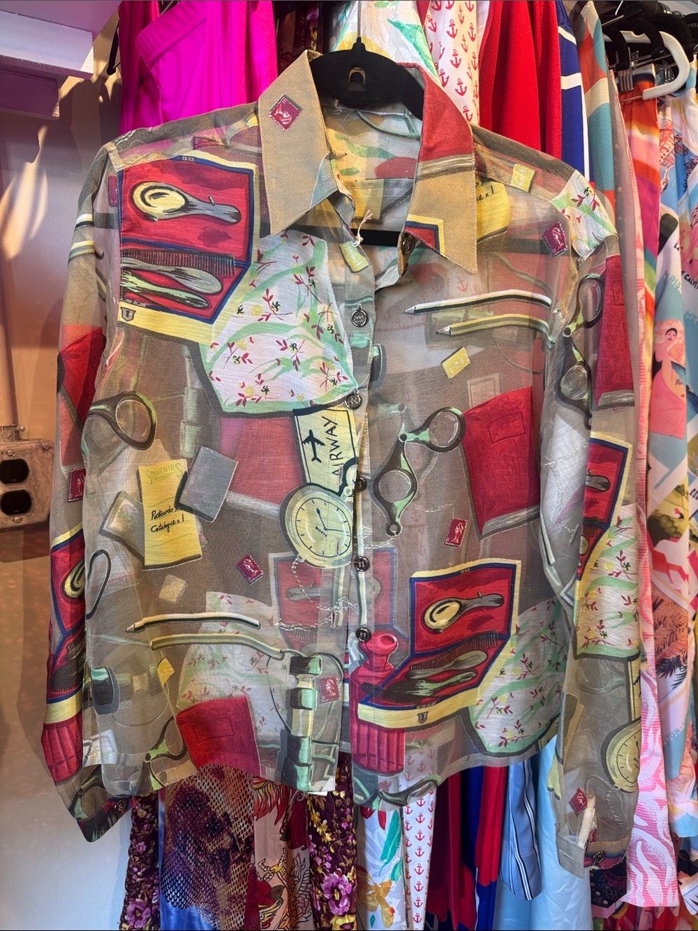 Vintage Novelty Traveler Print Sheer Button Front Blouse